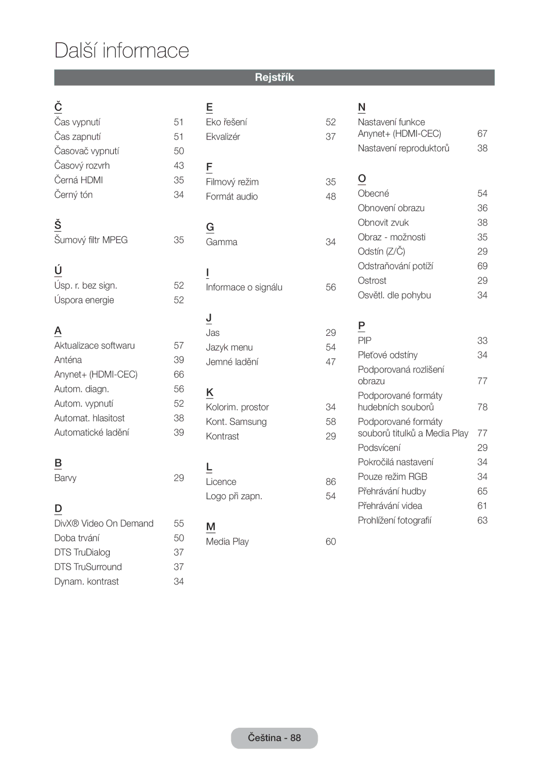 Samsung LT27C350EW/EN, LT23C350EW/EN, LT22C350EW/EN, LT24C350EW/EN, LT24C370EW/EN, LT27C370EW/EN manual Rejstřík, 35 O 