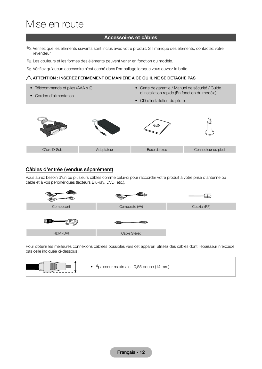 Samsung LT23C350EW/EN, LT22C350EW/EN, LT24C350EW/EN Accessoires et câbles, Câbles dentrée vendus séparément, Mise en route 