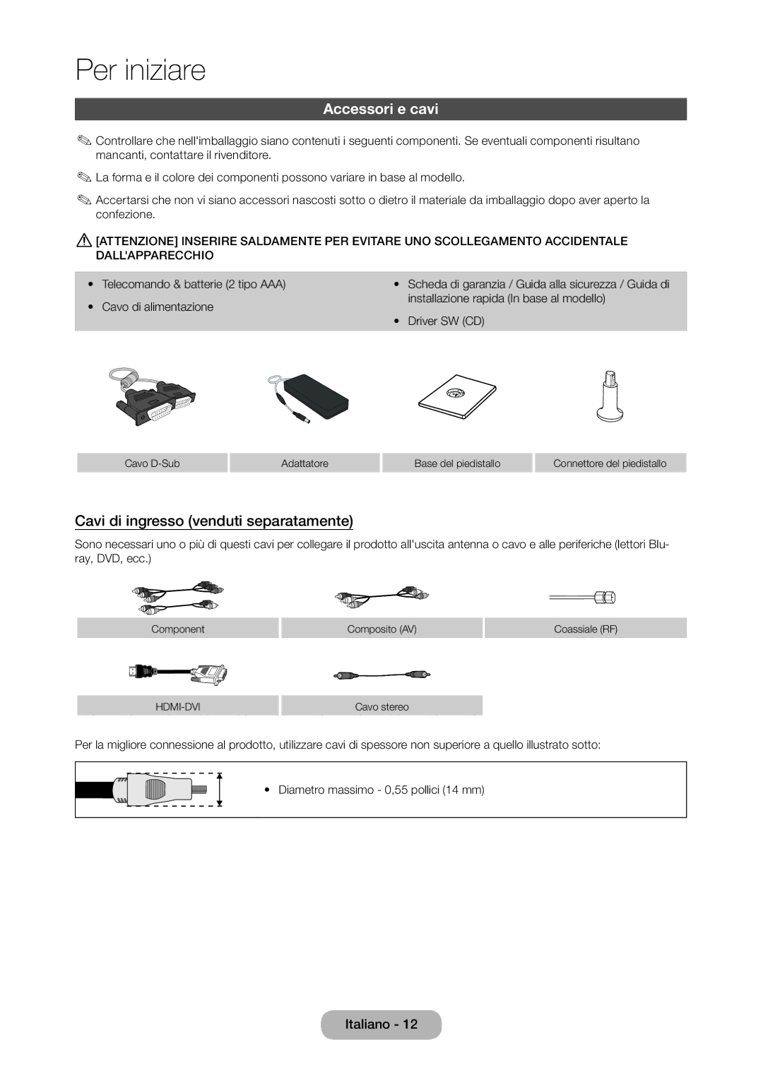 Samsung LT24C350EW/EN, LT23C350EW/EN, LT22C350EW/EN, LT27C350EW/EN Accessori e cavi, Cavi di ingresso venduti separatamente 