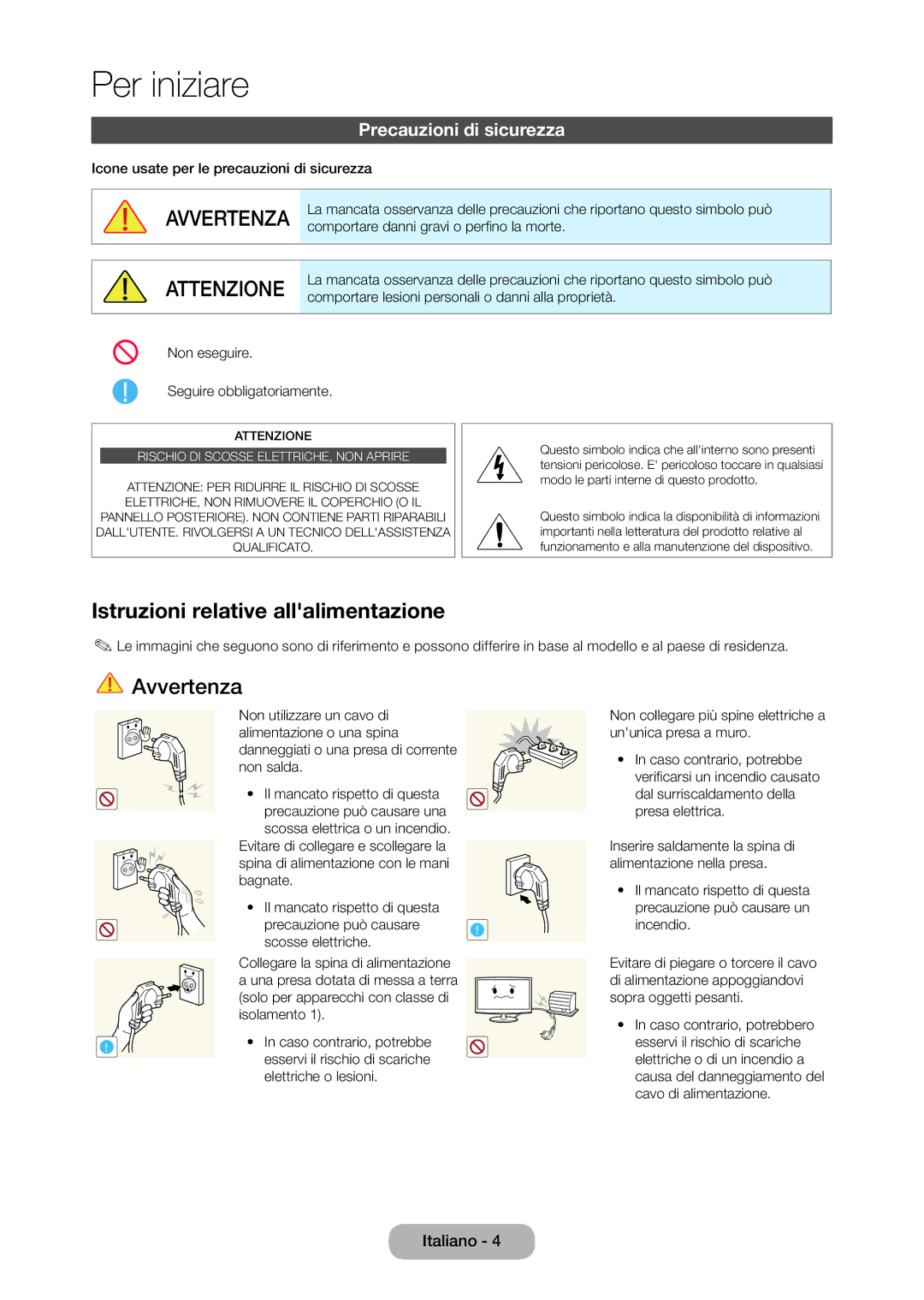 Samsung LT27C370EW/EN, LT23C350EW/EN, LT22C350EW/EN manual Istruzioni relative allalimentazione, Precauzioni di sicurezza 