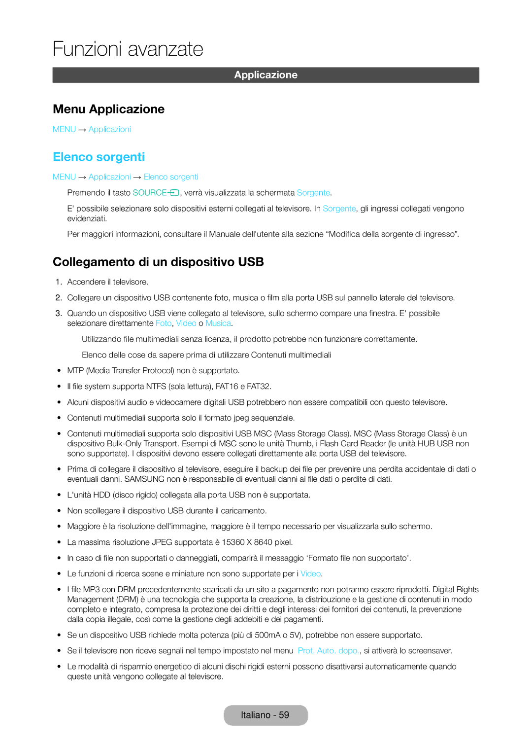 Samsung LT27C370EW/EN, LT23C350EW/EN, LT22C350EW/EN Menu Applicazione, Elenco sorgenti, Collegamento di un dispositivo USB 