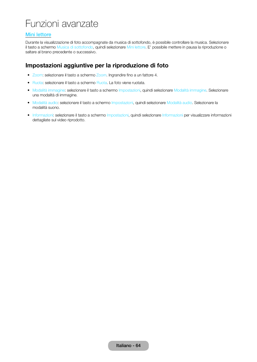 Samsung LT27C370EW/EN, LT23C350EW/EN, LT22C350EW/EN manual Impostazioni aggiuntive per la riproduzione di foto, Mini lettore 