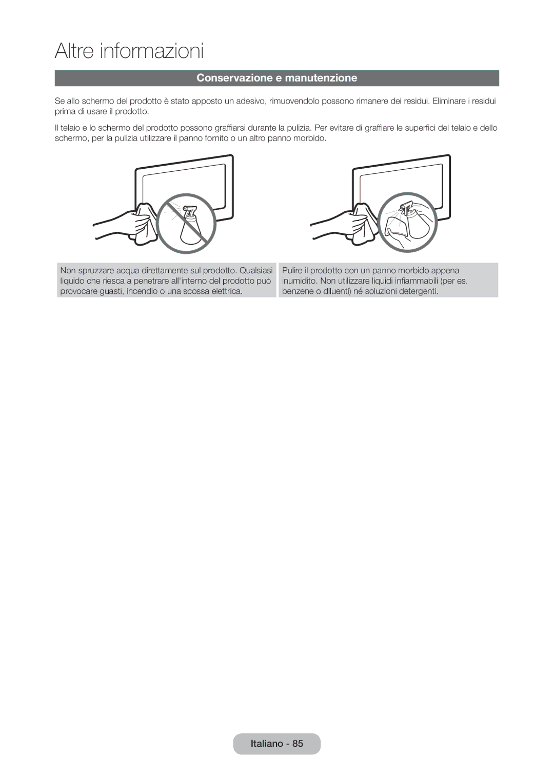 Samsung LT23C350EW/EN, LT22C350EW/EN, LT24C350EW/EN, LT27C350EW/EN, LT27C370EW/EN manual Conservazione e manutenzione 