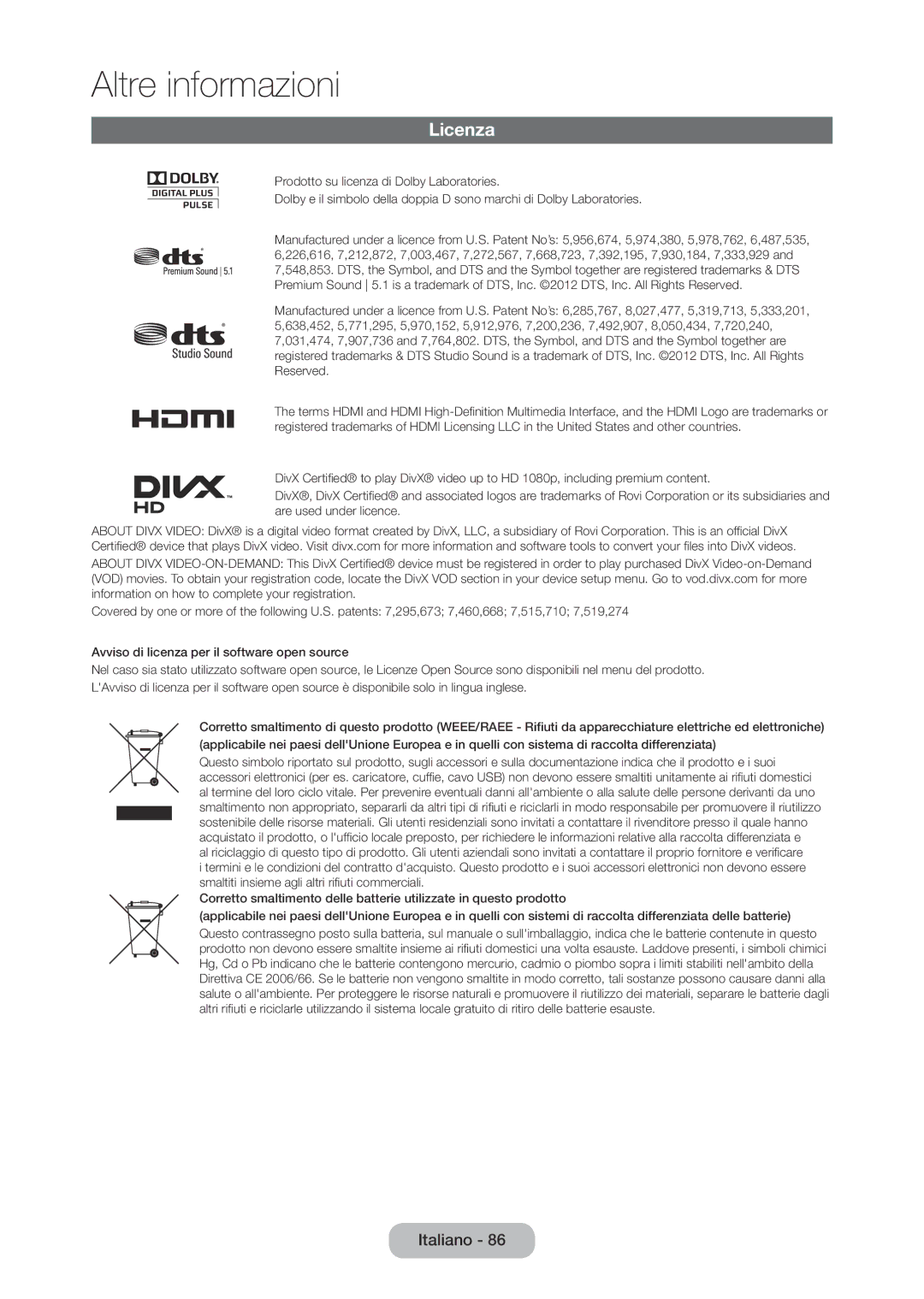 Samsung LT22C350EW/EN, LT23C350EW/EN, LT24C350EW/EN, LT27C350EW/EN, LT27C370EW/EN manual Licenza 