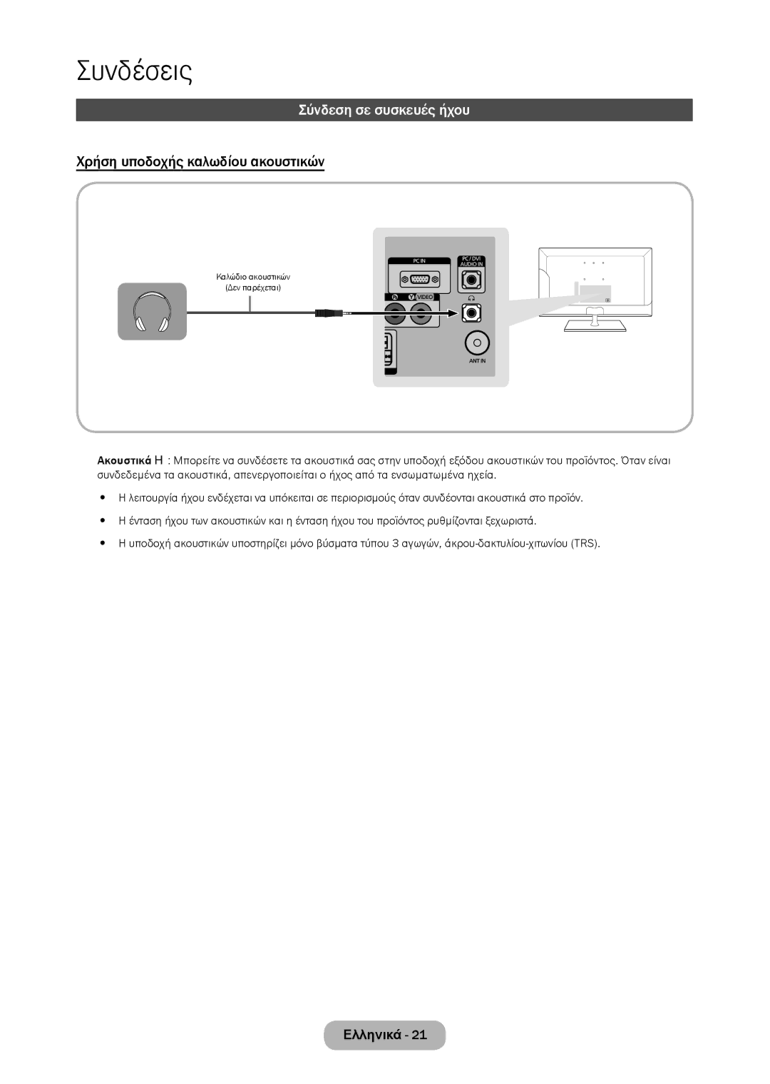 Samsung LT22C350EW/EN, LT23C350EW/EN, LT24C350EW/EN manual Σύνδεση σε συσκευές ήχου, Χρήση υποδοχής καλωδίου ακουστικών 