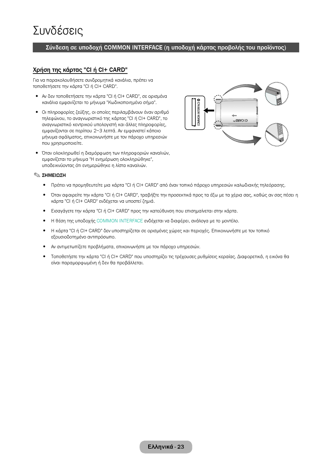 Samsung LT27C350EW/EN, LT23C350EW/EN, LT22C350EW/EN, LT24C350EW/EN, LT27C370EW/EN manual Χρήση της κάρτας CI ή CI+ Card 