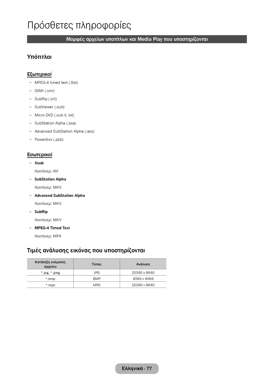 Samsung LT24C350EW/EN, LT23C350EW/EN manual Υπότιτλοι, Τιμές ανάλυσης εικόνας που υποστηρίζονται, Εξωτερικοί, Εσωτερικοί 