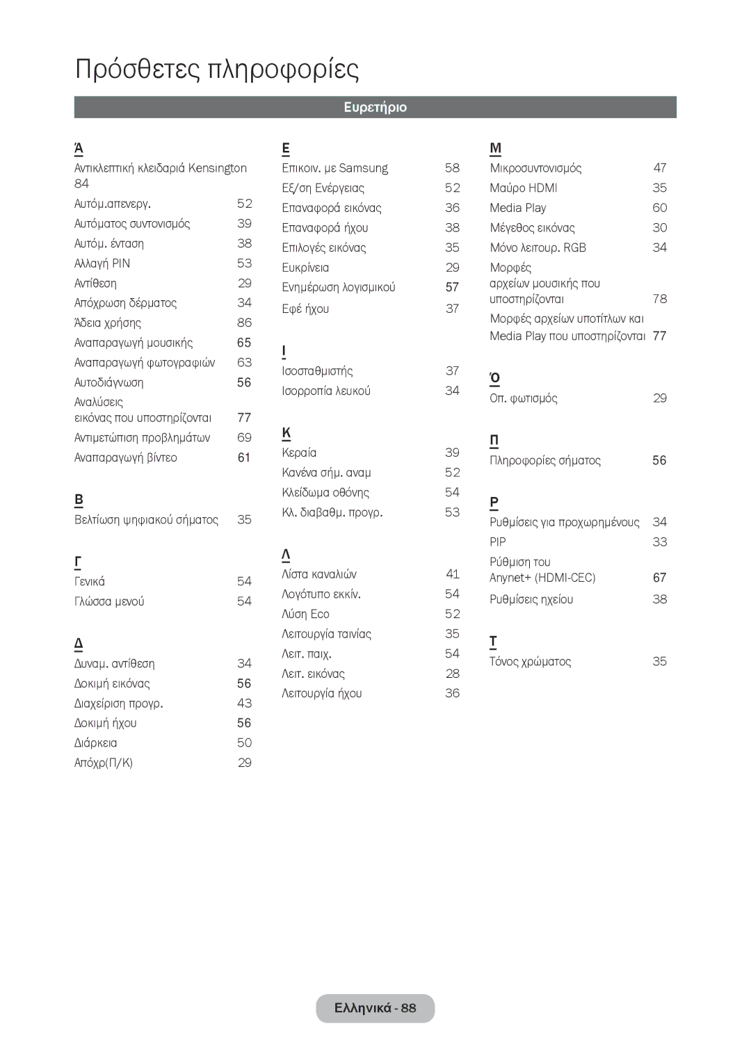 Samsung LT27C350EW/EN manual Ευρετήριο, Εικόνας που υποστηρίζονται Αντιμετώπιση προβλημάτων, Βελτίωση ψηφιακού σήματος 