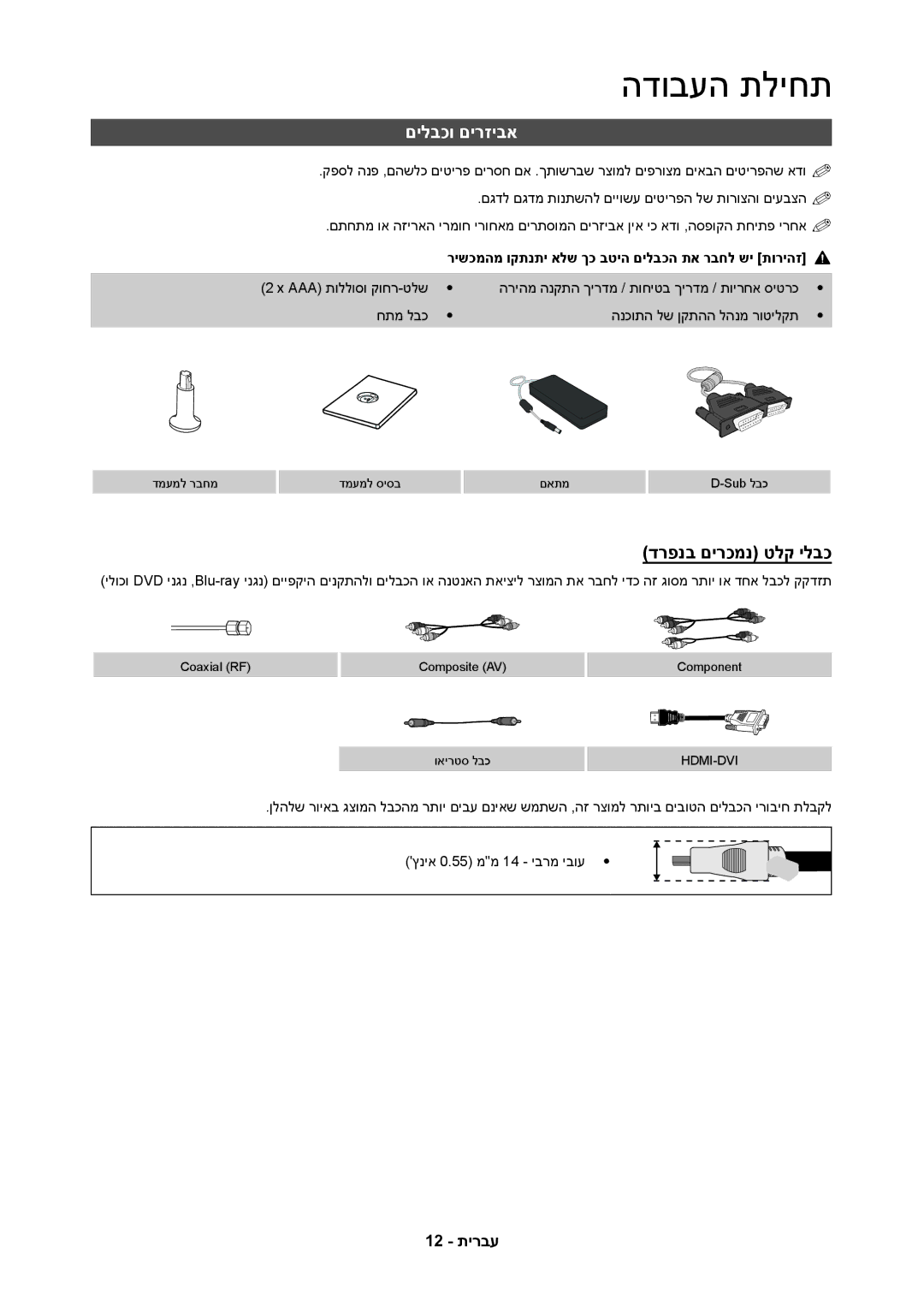 Samsung LT23C350MAQ/CH, LT27C370MA/CH, LT23C350MA/CH manual םילבכו םירזיבא, חתמ לבכ הנכותה לש ןקתהה להנמ רוטילקת 