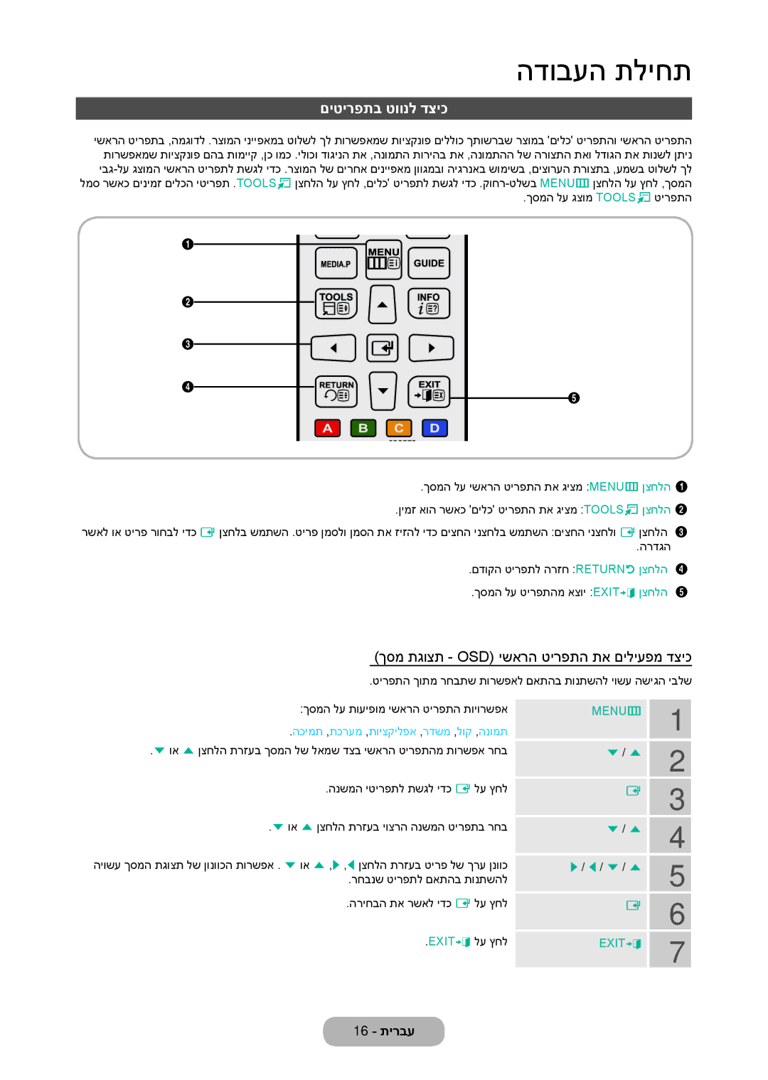 Samsung LT27C370MA/CH, LT23C350MAQ/CH, LT23C350MA/CH manual םיטירפתב טוונל דציכ, ךסמ תגוצת Osd ישארה טירפתה תא םיליעפמ דציכ 