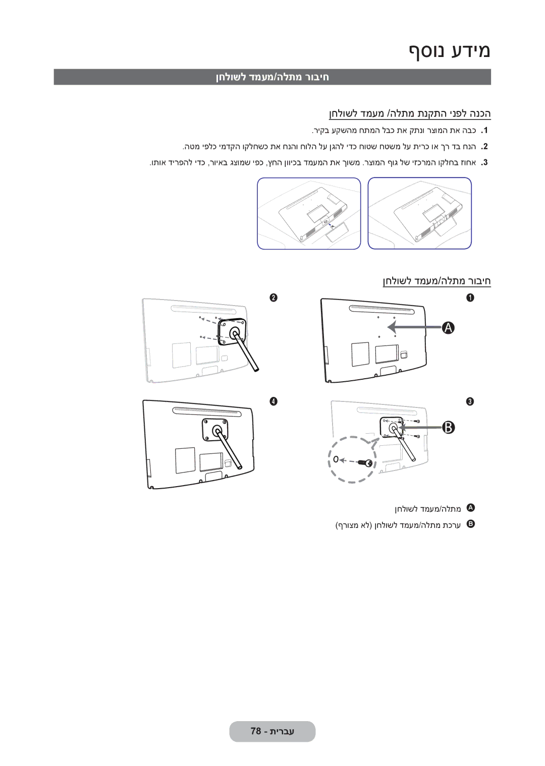 Samsung LT23C350MAQ/CH, LT27C370MA/CH, LT23C350MA/CH manual ןחלושל דמעמ/הלתמ רוביח, ןחלושל דמעמ /הלתמ תנקתה ינפל הנכה 