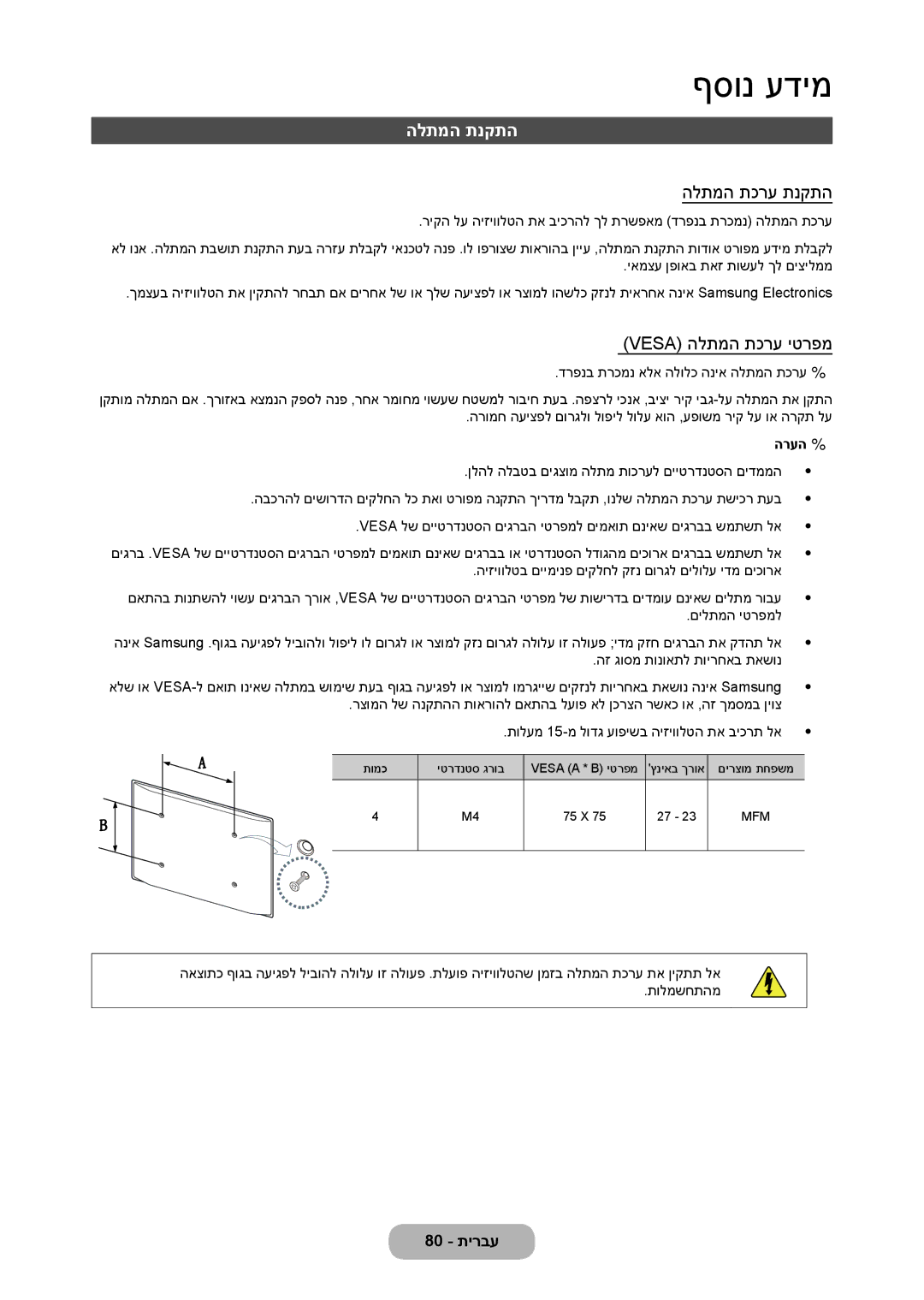 Samsung LT23C350MA/CH, LT23C350MAQ/CH, LT27C370MA/CH manual הלתמה תנקתה, הלתמה תכרע תנקתה, Vesa הלתמה תכרע יטרפמ 