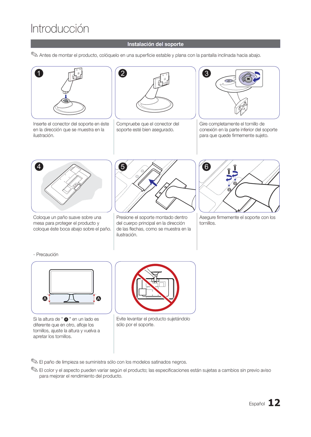 Samsung LT24A350EW/EN, LT23A350EW/EN, LT22A350EW/EN manual Instalación del soporte, Precaución, Si la altura de En un lado es 