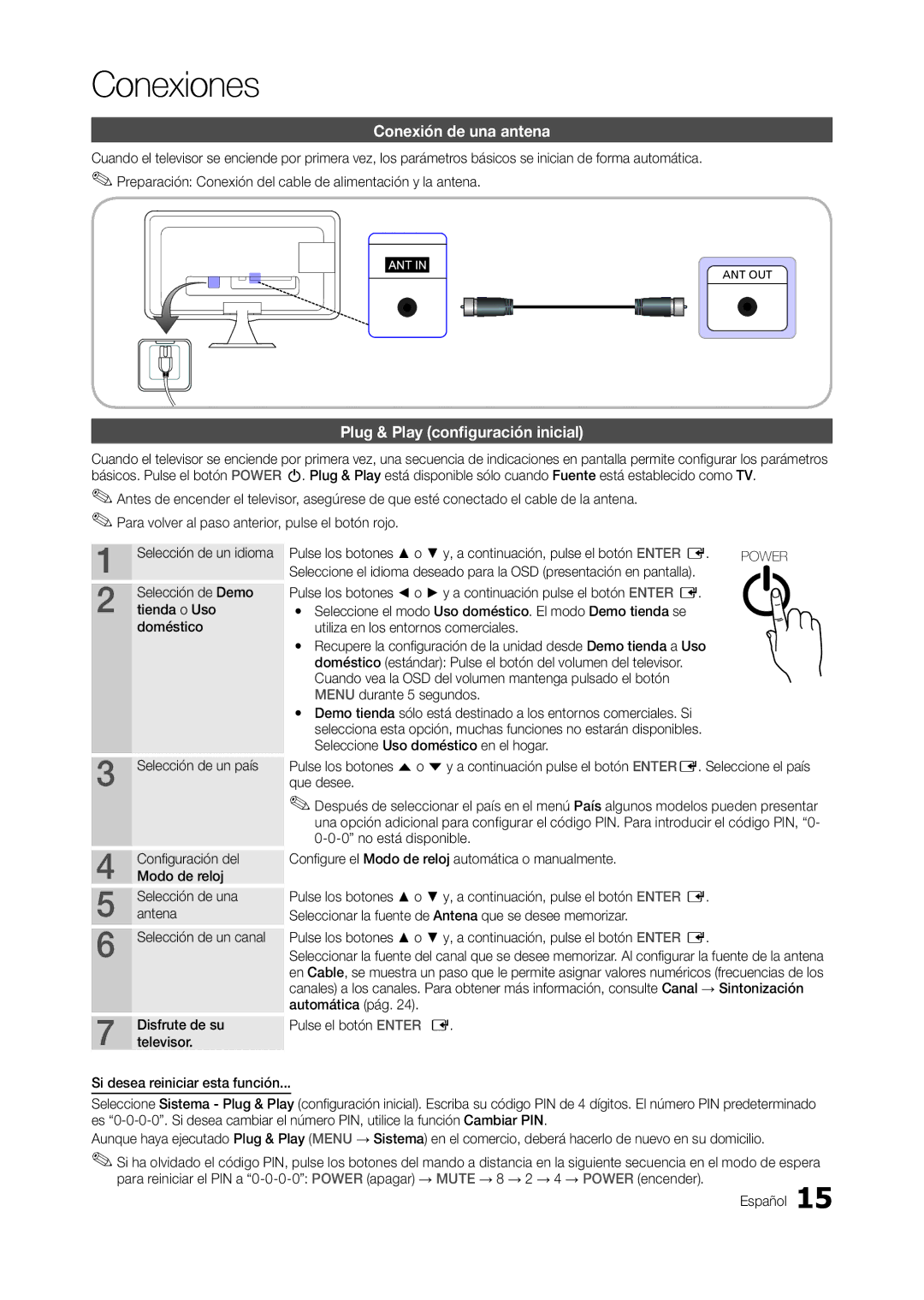 Samsung LT20A350EW/EN, LT24A350EW/EN, LT23A350EW/EN, LT22A350EW/EN Conexión de una antena, Plug & Play configuración inicial 