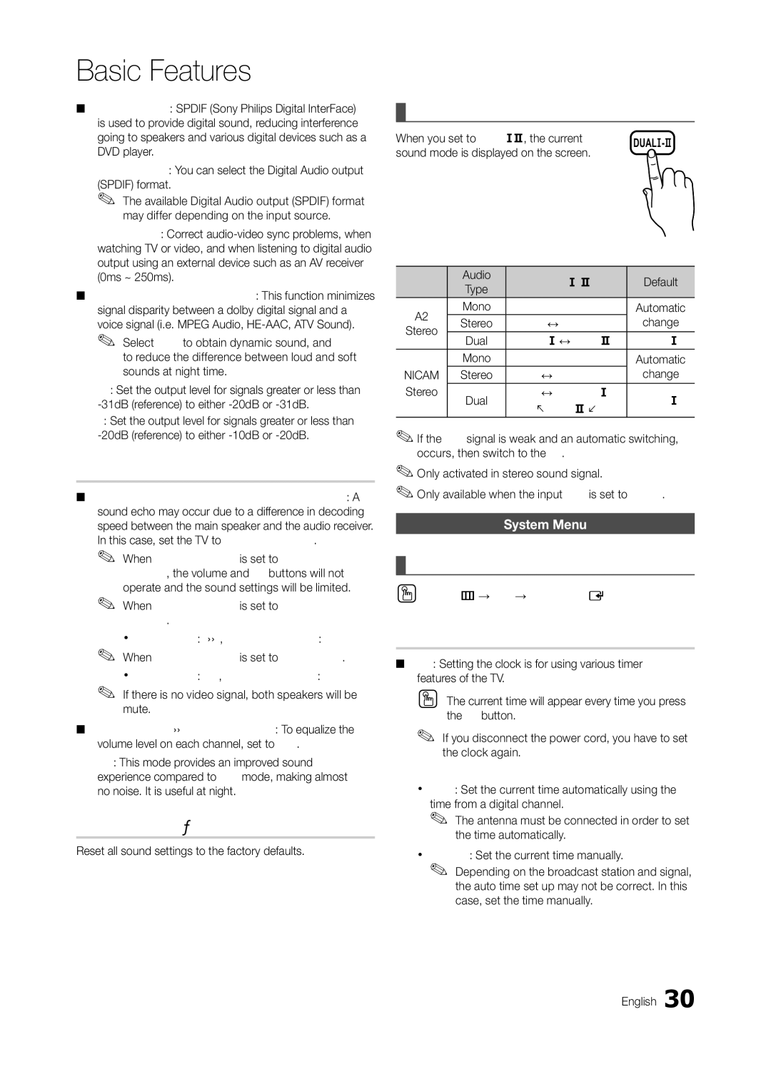 Samsung LT24A550RW/XE manual Speaker Settings, Reset Sound OK / Cancel, Selecting the Sound Mode, Setting the Time 