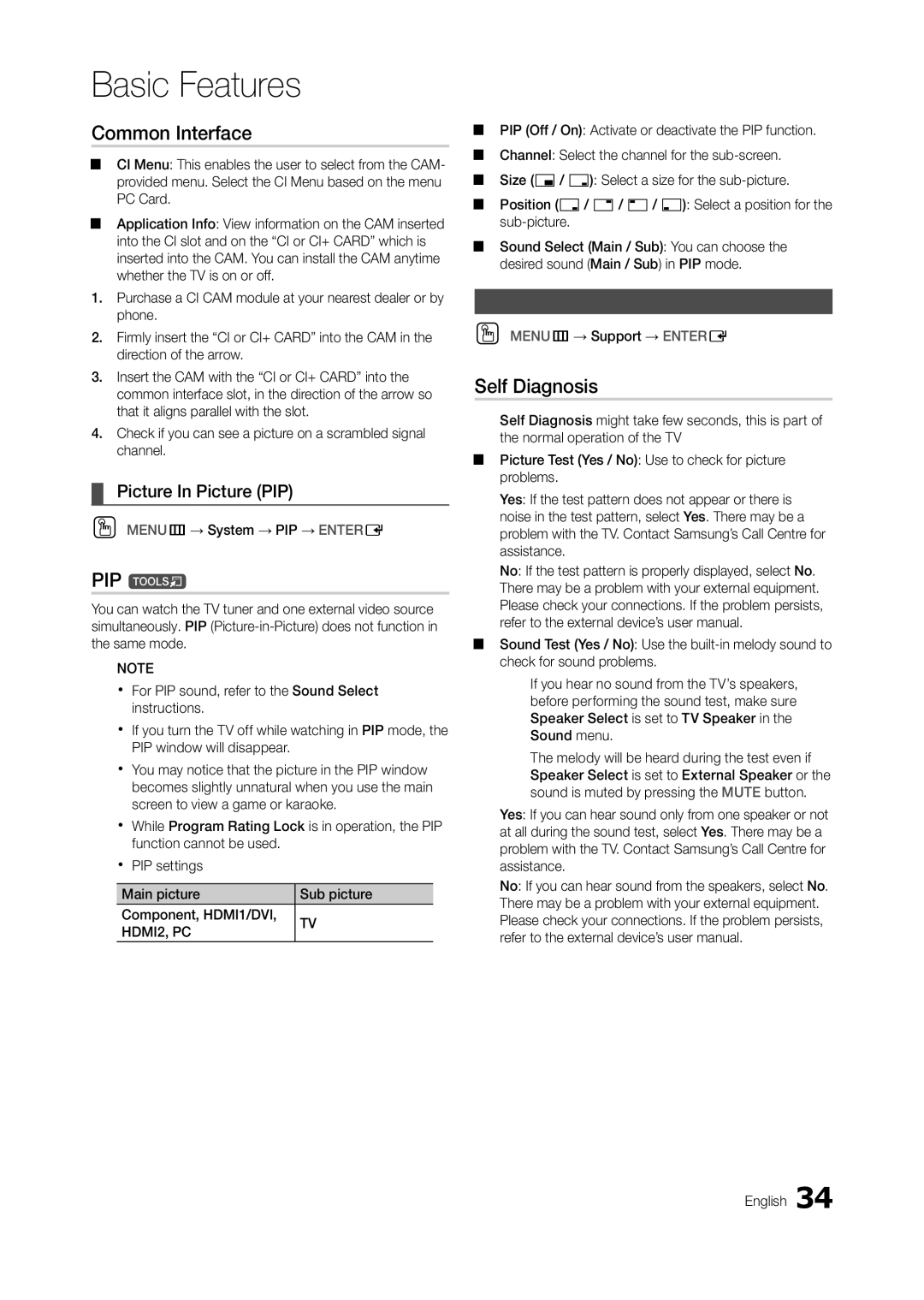 Samsung LT23A350RW/XE, LT24A350EW/EN manual Common Interface, PIP t, Self Diagnosis, Picture In Picture PIP, Support Menu 