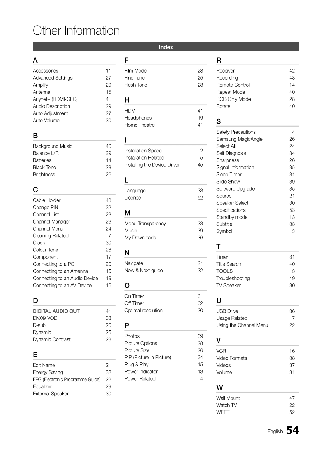 Samsung LT27A550EW/CI manual Index, Connecting to an AV Device, Equalizer External Speaker Film Mode Fine Tune Flesh Tone 