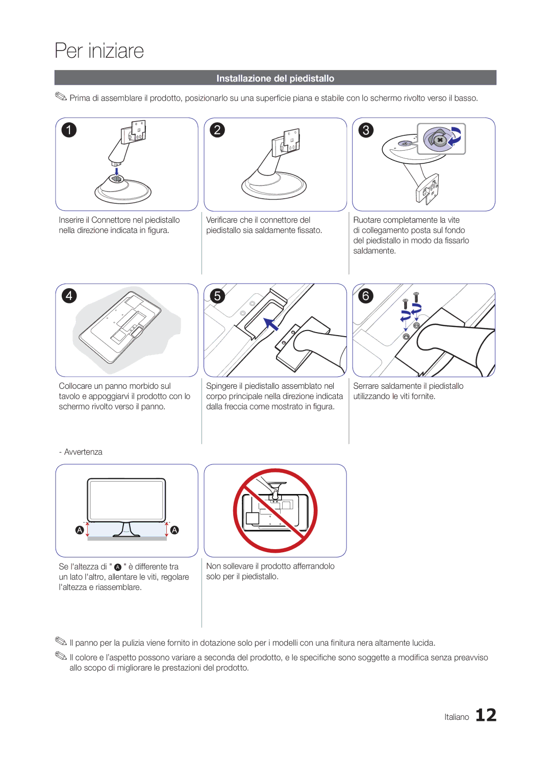 Samsung LT20A350EW/EN, LT24A350EW/EN manual Installazione del piedistallo, Avvertenza, Se laltezza di Differente tra 