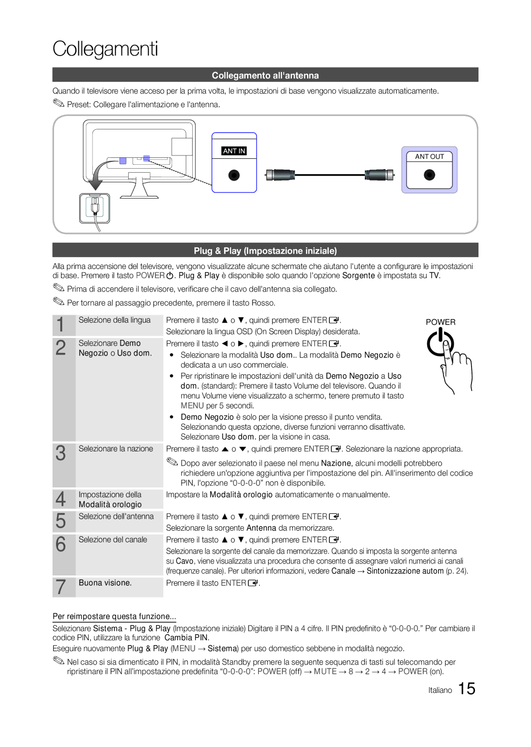 Samsung LT27A550EW/EN, LT24A350EW/EN, LT23A350EW/EN manual Collegamento allantenna, Plug & Play Impostazione iniziale 