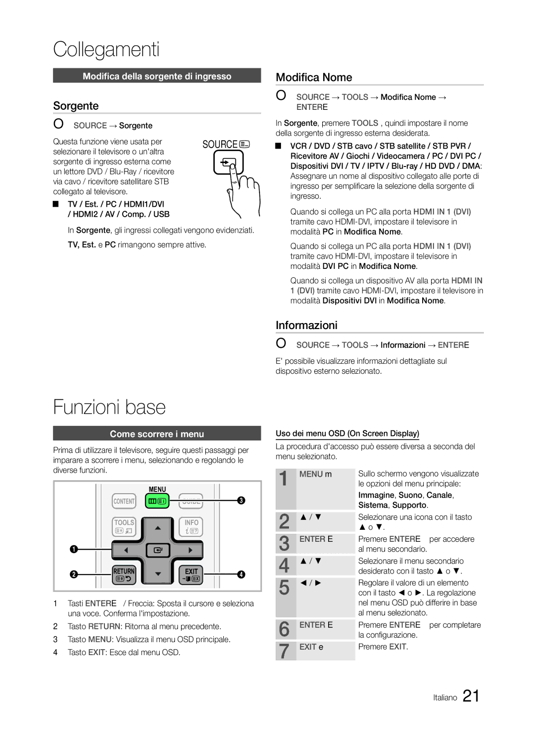 Samsung LT20A350EW/EN Sorgente, Modifica Nome, Informazioni, Modifica della sorgente di ingresso, Come scorrere i menu 