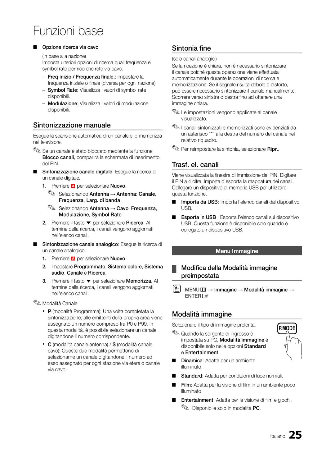 Samsung LT24A550EW/EN, LT24A350EW/EN Sintonizzazione manuale, Sintonia fine, Trasf. el. canali, Modalità immagine 