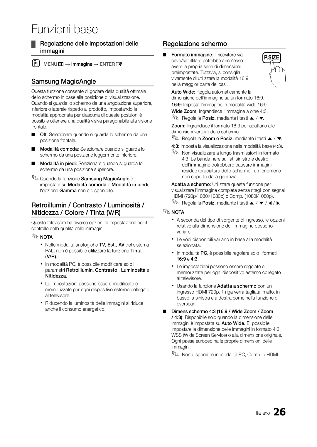 Samsung LT23A350EWY/EN manual Samsung MagicAngle, Regolazione schermo, Regolazione delle impostazioni delle immagini 