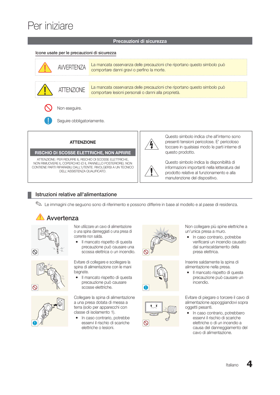 Samsung LT23A550EW/EN manual Avvertenza, Attenzione, Istruzioni relative allalimentazione, Precauzioni di sicurezza 