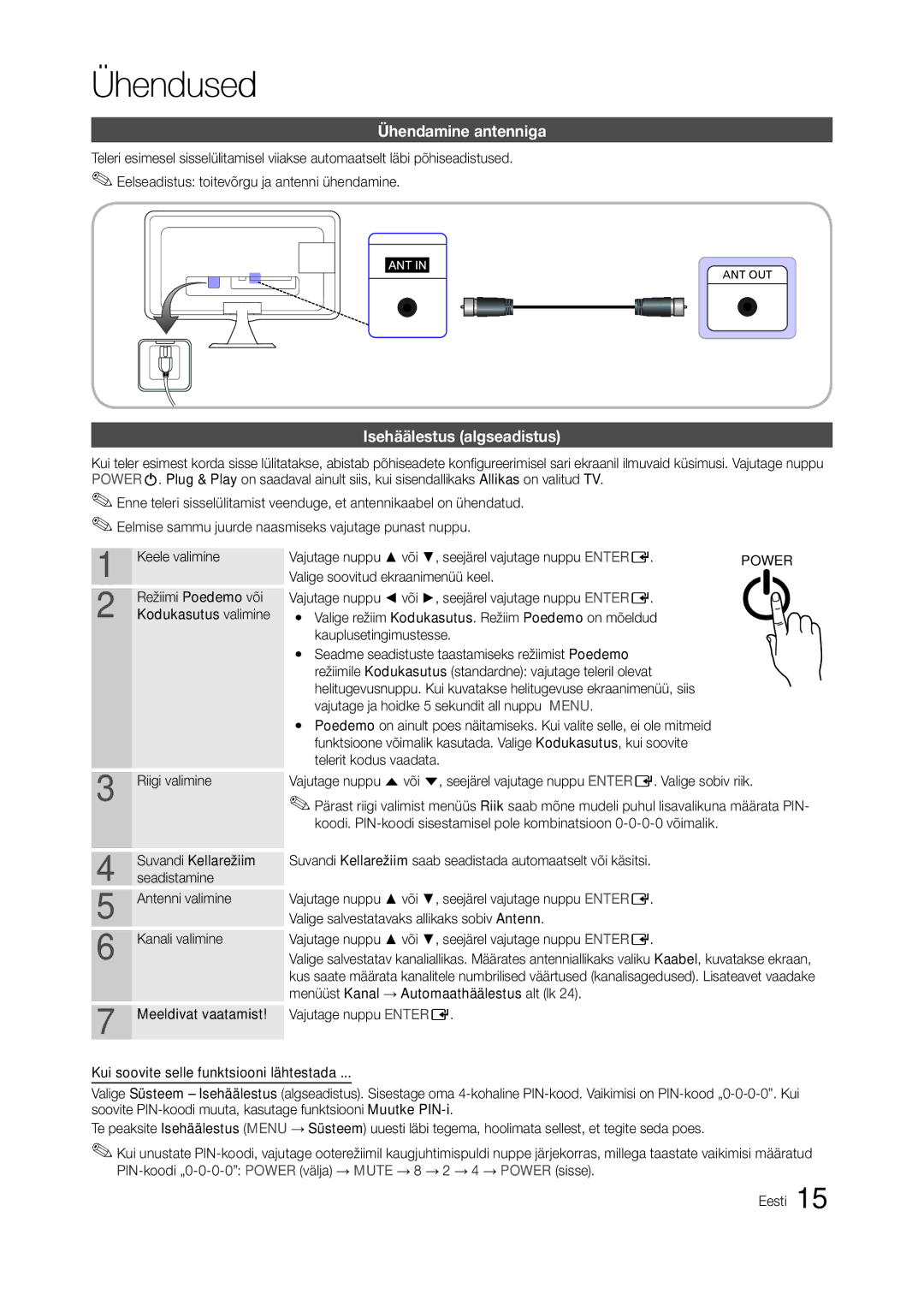 Samsung LT23A550EW/EN, LT24A350EW/EN Ühendamine antenniga, Isehäälestus algseadistus, Keele valimine, Režiimi Poedemo või 