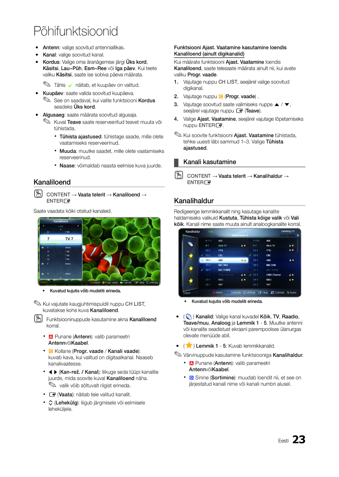 Samsung LT24A550EW/EN, LT24A350EW/EN, LT23A350EW/EN, LT22A350EW/EN manual Kanaliloend, Kanalihaldur, Kanali kasutamine 