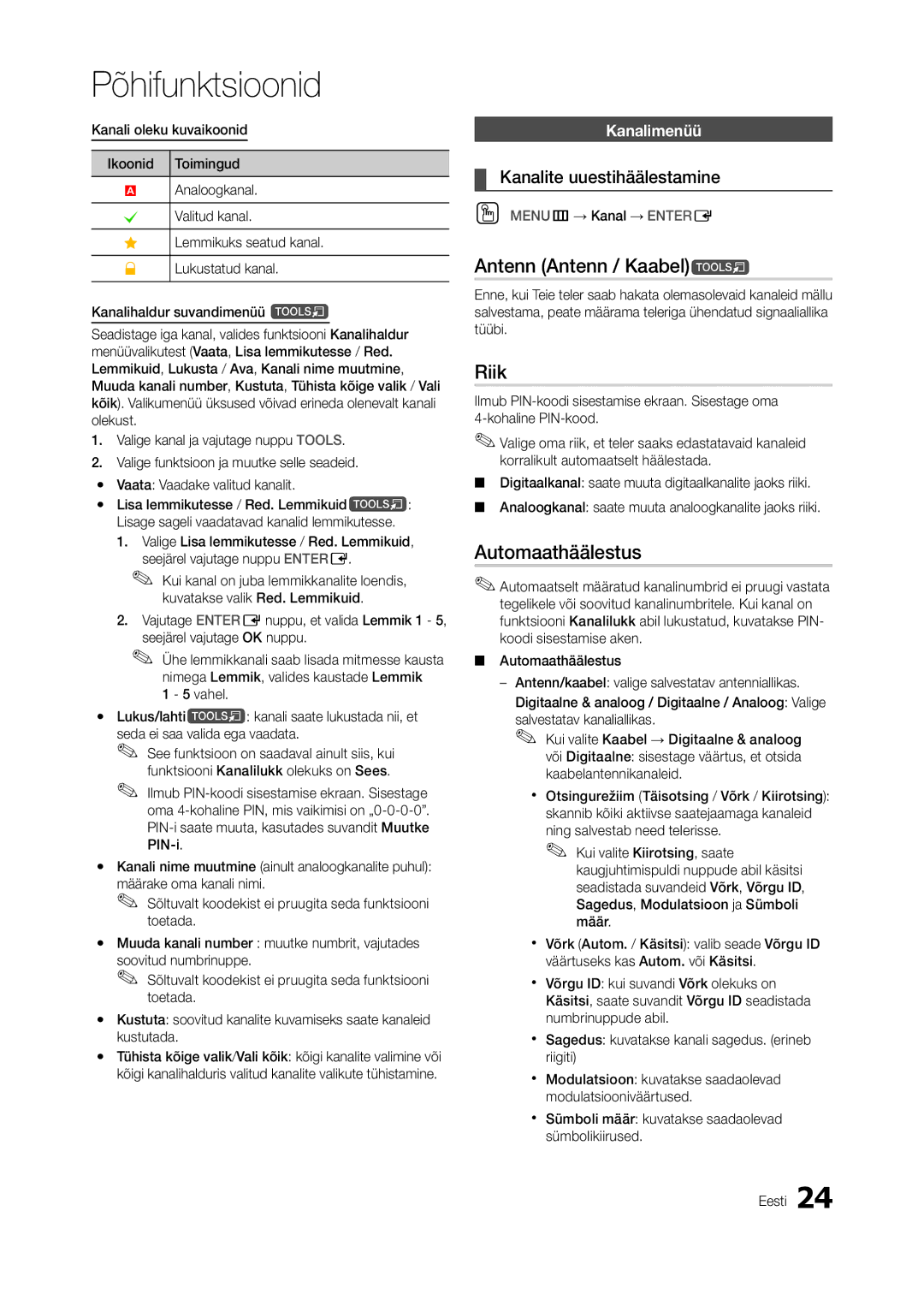 Samsung LT24A350EW/EN manual Antenn Antenn / Kaabelt, Riik, Automaathäälestus, Kanalite uuestihäälestamine, Kanalimenüü 