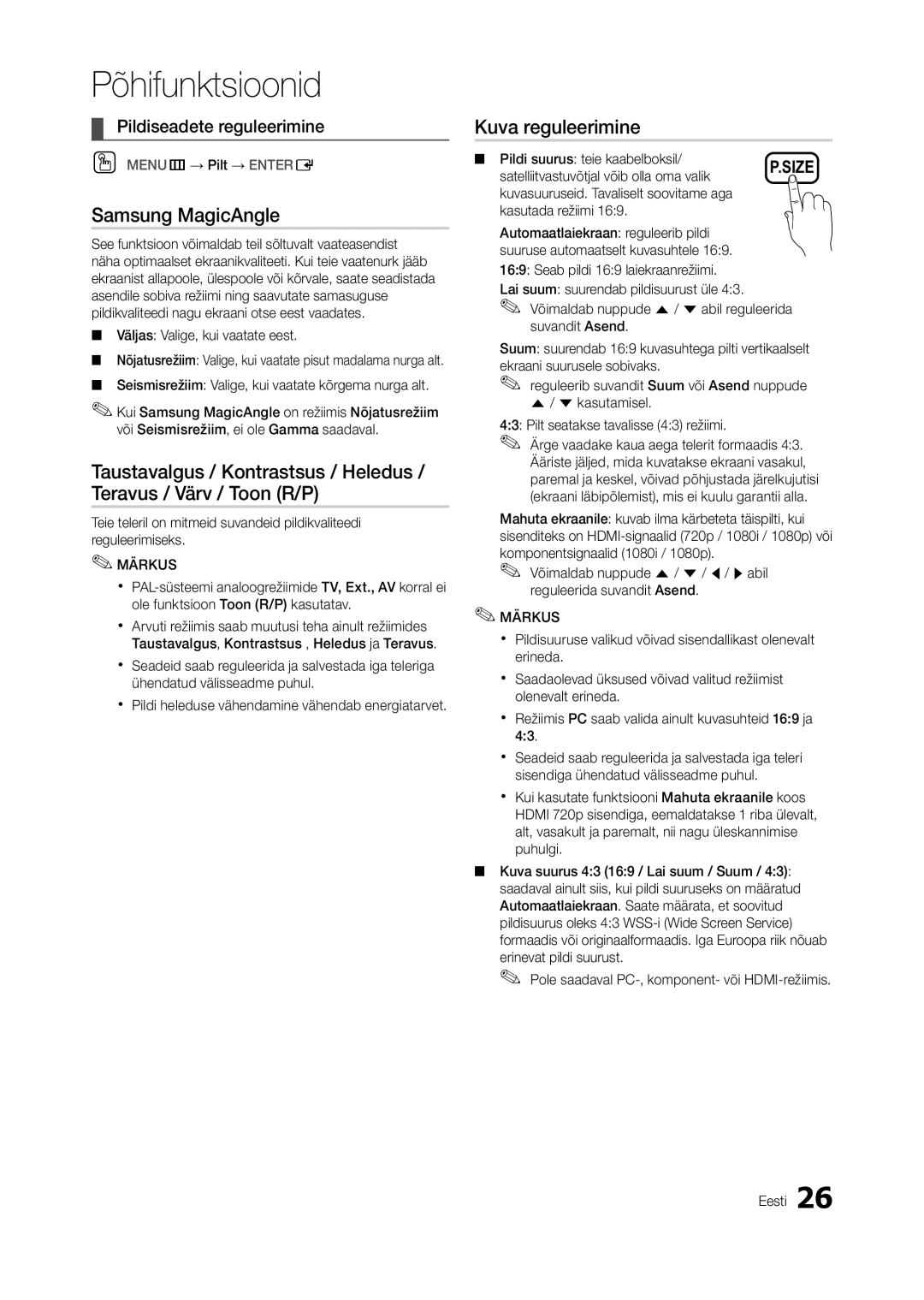 Samsung LT22A350EW/EN, LT24A350EW/EN, LT23A350EW/EN manual Samsung MagicAngle, Kuva reguleerimine, Pildiseadete reguleerimine 