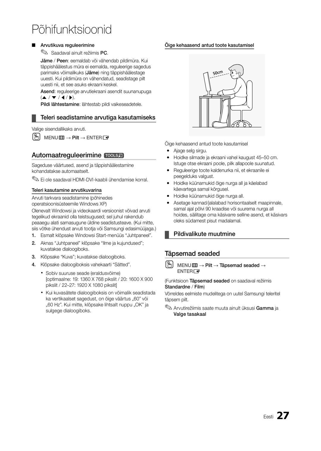 Samsung LT23A550EW/EN, LT24A350EW/EN Automaatreguleerimine t, Täpsemad seaded, Teleri seadistamine arvutiga kasutamiseks 