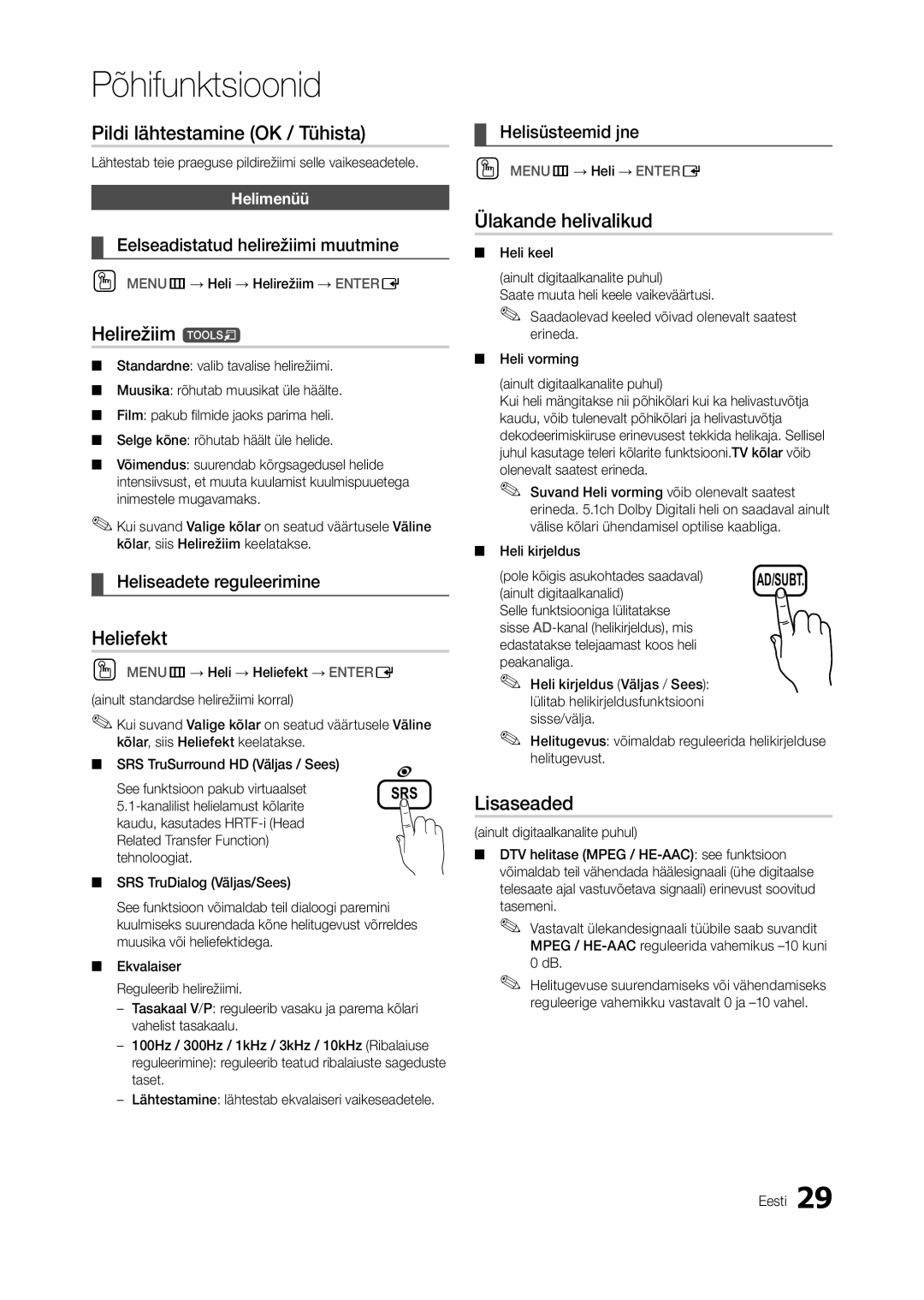 Samsung LT24A550EW/EN manual Pildi lähtestamine OK / Tühista, Helirežiim t, Heliefekt, Ülakande helivalikud, Lisaseaded 