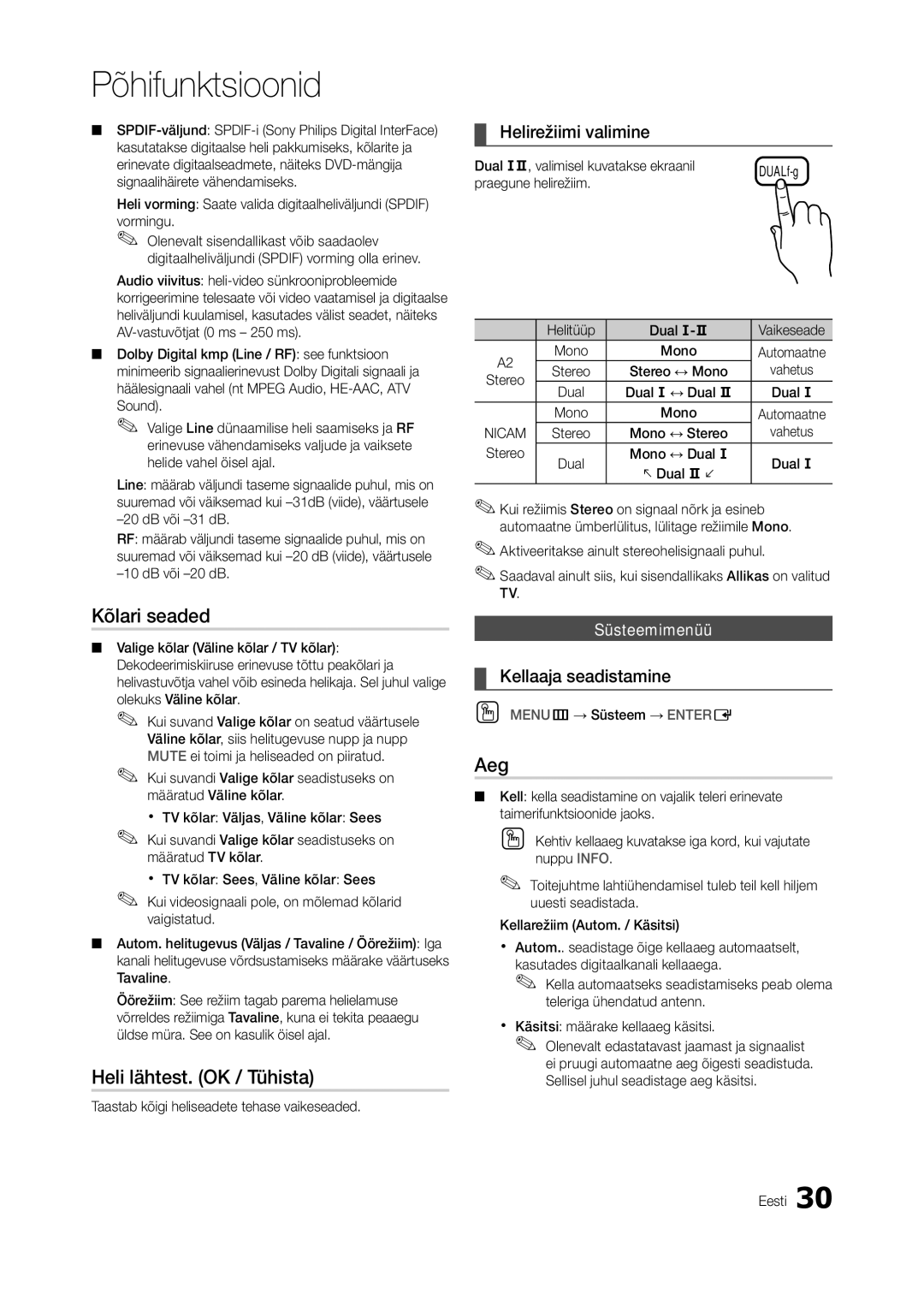 Samsung LT24A350EW/EN manual Kõlari seaded, Heli lähtest. OK / Tühista, Aeg, Helirežiimi valimine, Kellaaja seadistamine 