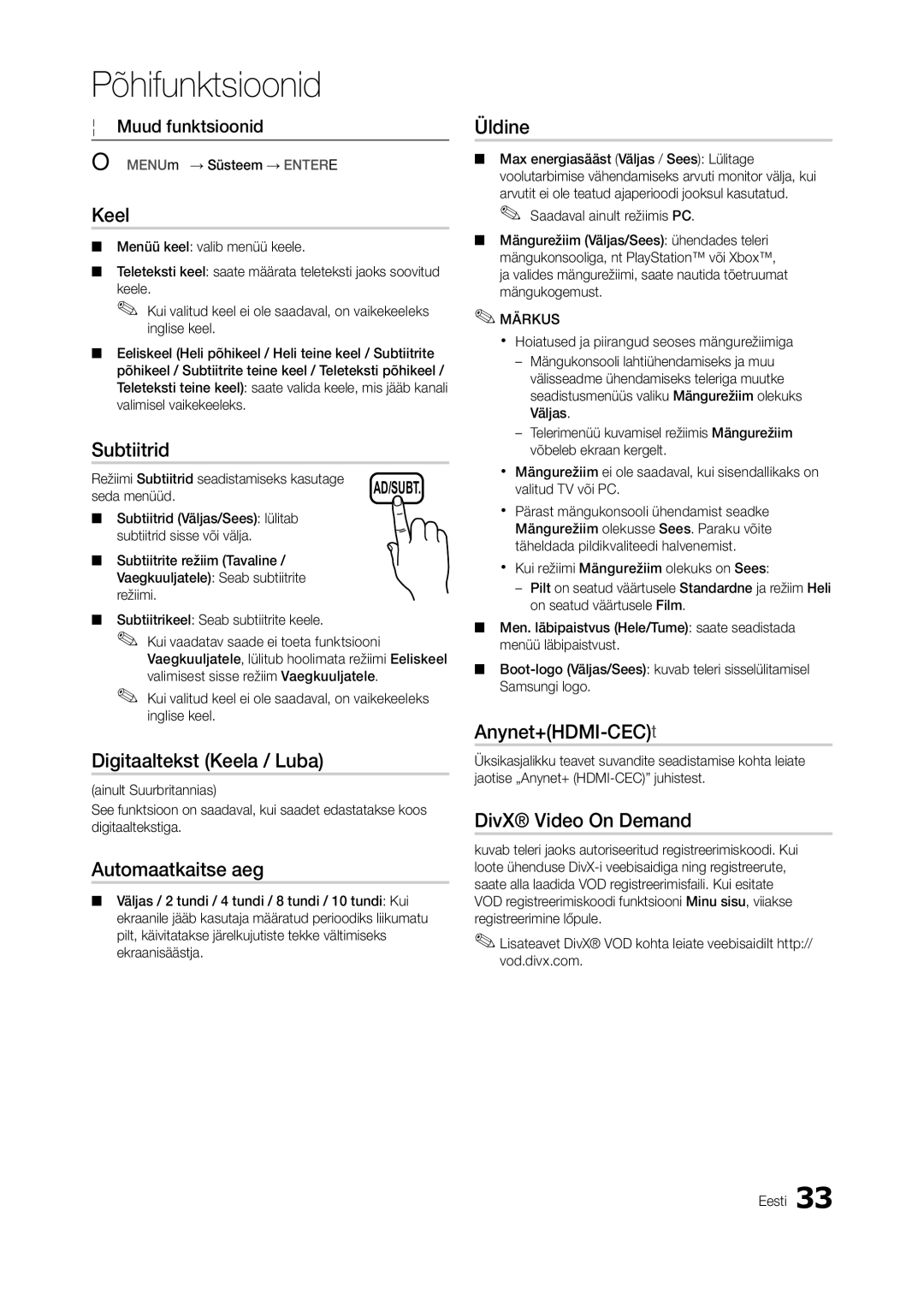 Samsung LT23A550EW/EN manual Subtiitrid, Digitaaltekst Keela / Luba, Automaatkaitse aeg, Üldine, Anynet+HDMI-CECt 