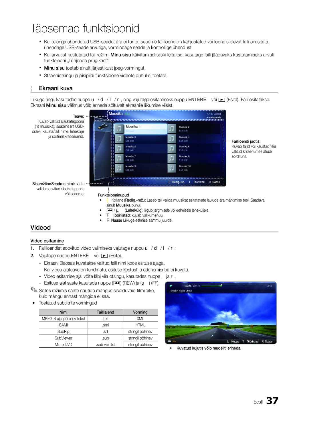 Samsung LT23A350EW/EN, LT24A350EW/EN, LT22A350EW/EN, LT23A550EW/EN manual Videod, Ekraani kuva, Nimi Faililaiend Vorming 