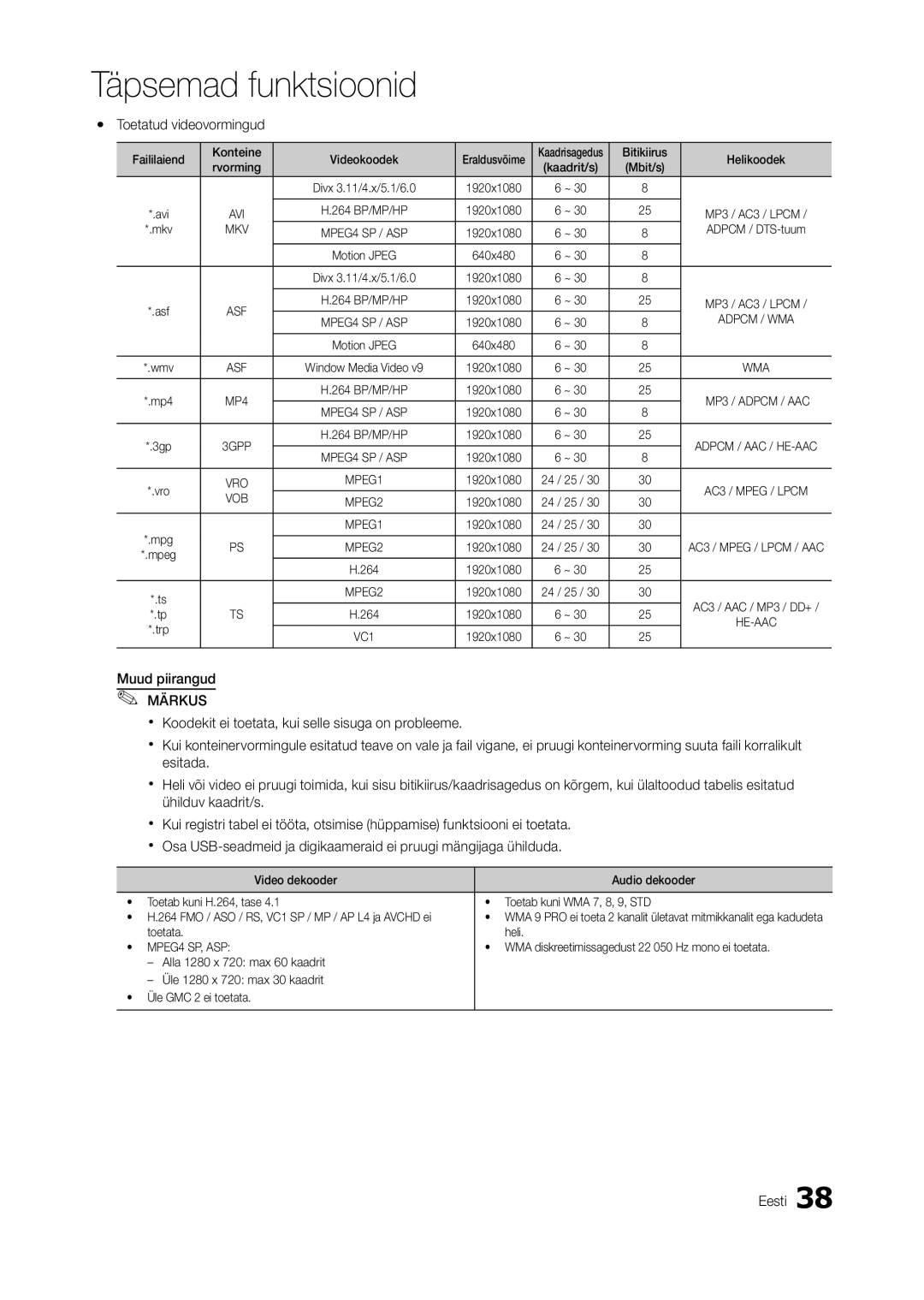 Samsung LT22A350EW/EN, LT24A350EW/EN, LT23A350EW/EN, LT23A550EW/EN, LT22A550EW/EN, LT24A550EW/EN Yy Toetatud videovormingud 