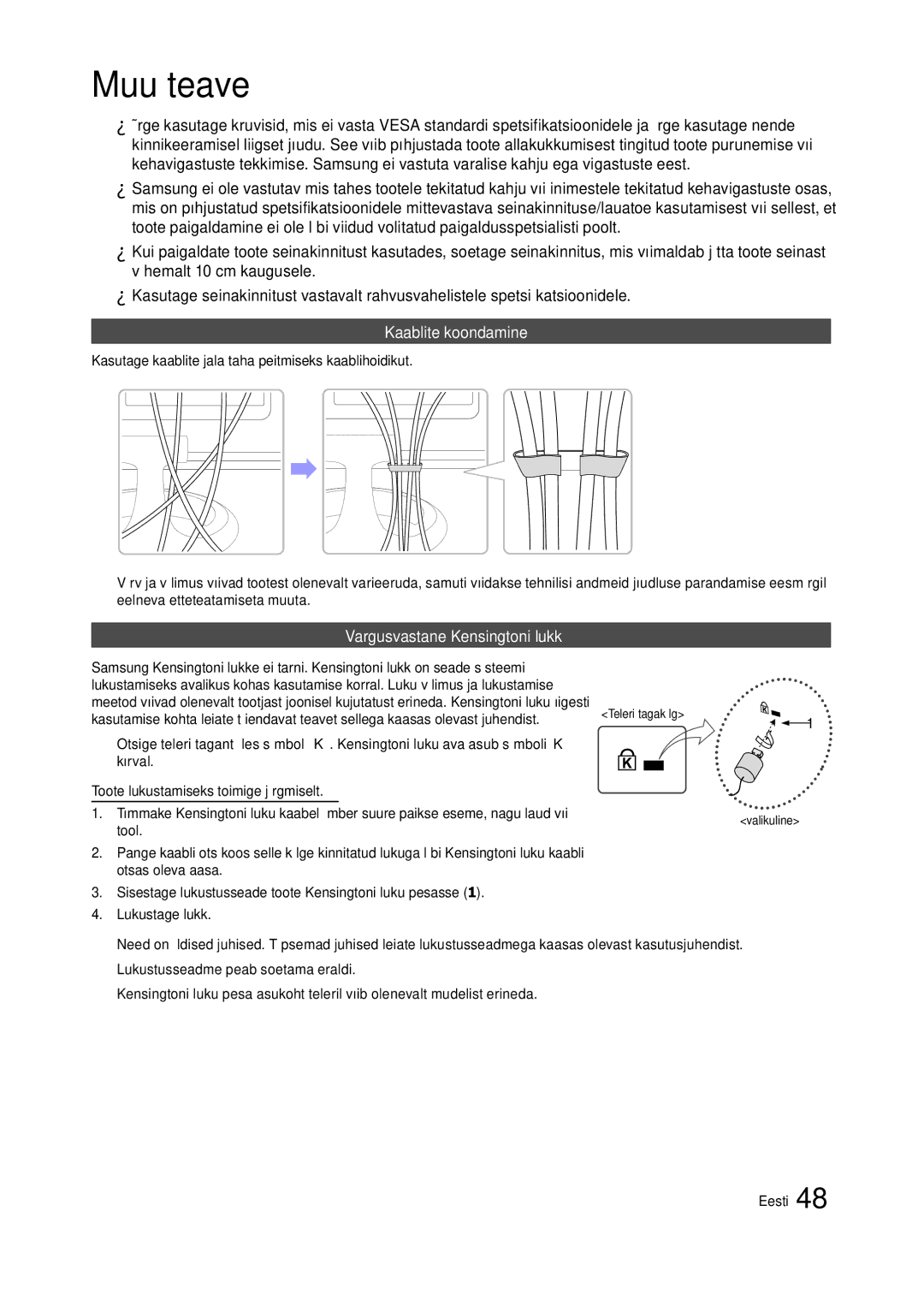 Samsung LT24A350EW/EN, LT23A350EW/EN, LT22A350EW/EN manual Kaablite koondamine, Vargusvastane Kensingtoni lukk, Valikuline 