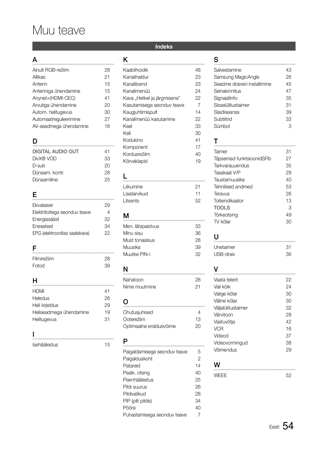 Samsung LT24A350EW/EN manual Indeks, Filmirežiim Fotod, Videod Videovormingud Võimendus, EPG elektroonilise saatekava 