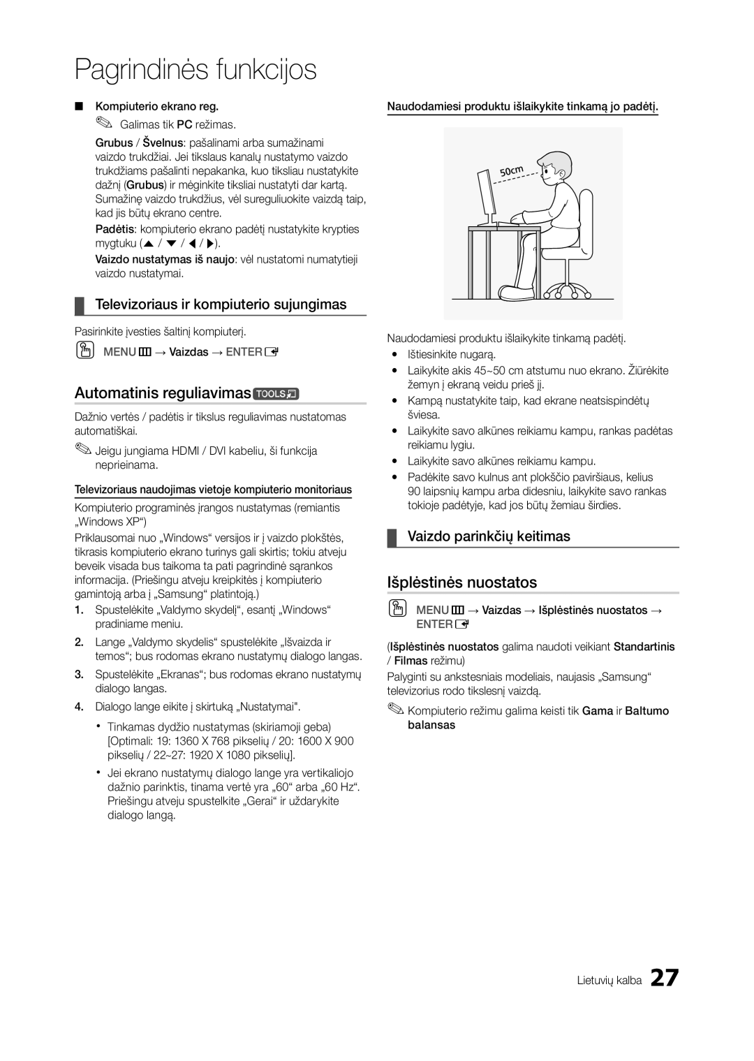 Samsung LT23A550EW/EN manual Automatinis reguliavimast, Išplėstinės nuostatos, Televizoriaus ir kompiuterio sujungimas 