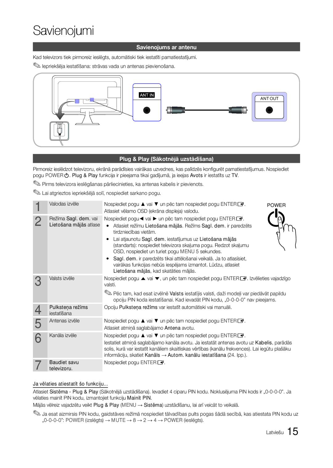 Samsung LT23A550EW/EN, LT24A350EW/EN, LT23A350EW/EN, LT22A350EW/EN Savienojums ar antenu, Plug & Play Sākotnējā uzstādīšana 