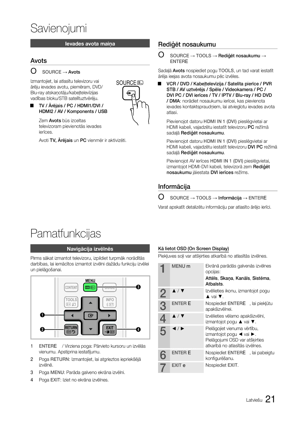 Samsung LT23A550EW/EN, LT24A350EW/EN manual Avots, Rediģēt nosaukumu, Informācija, Ievades avota maiņa, Navigācija izvēlnēs 