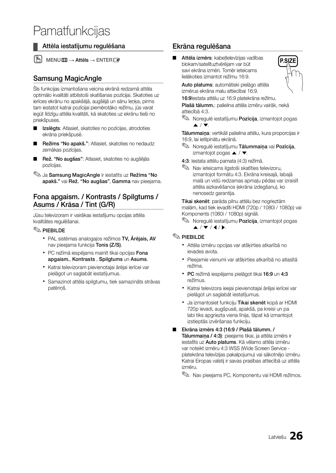 Samsung LT22A350EW/EN, LT24A350EW/EN, LT23A350EW/EN Samsung MagicAngle, Ekrāna regulēšana, Attēla iestatījumu regulēšana 