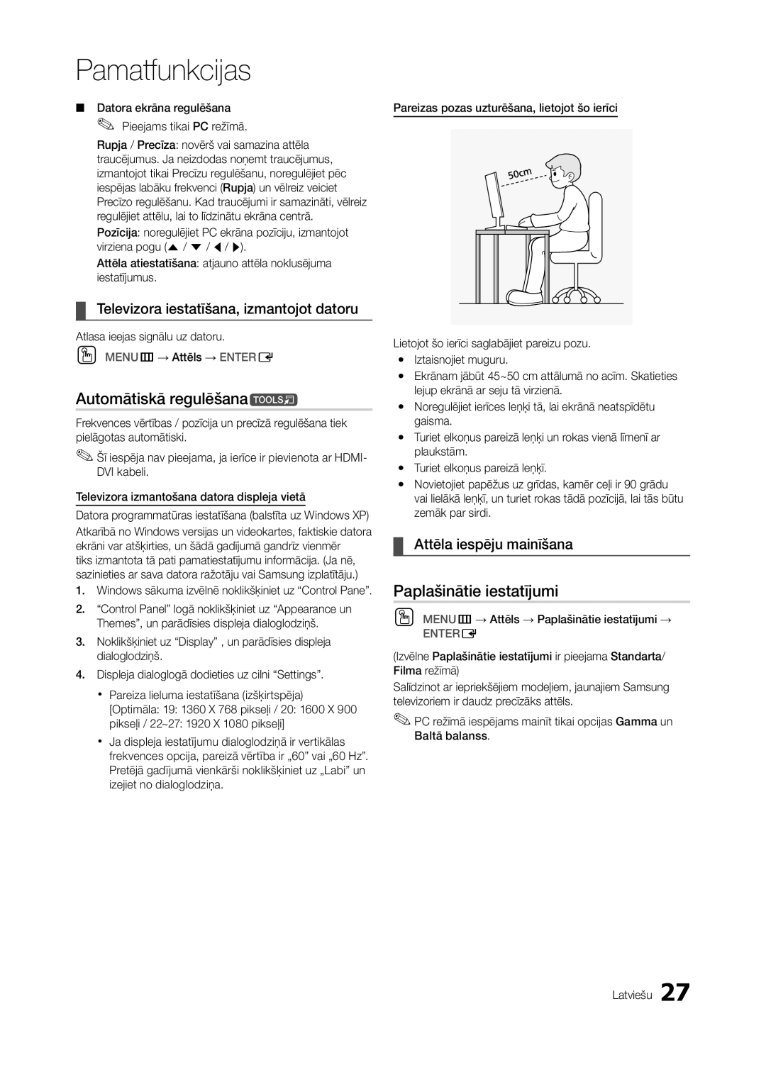 Samsung LT23A550EW/EN manual Automātiskā regulēšanat, Paplašinātie iestatījumi, Televizora iestatīšana, izmantojot datoru 