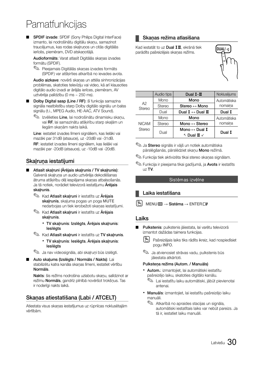 Samsung LT24A350EW/EN manual Skaļruņa iestatījumi, Skaņas atiestatīšana Labi / Atcelt, Laiks, Skaņas režīma atlasīšana 