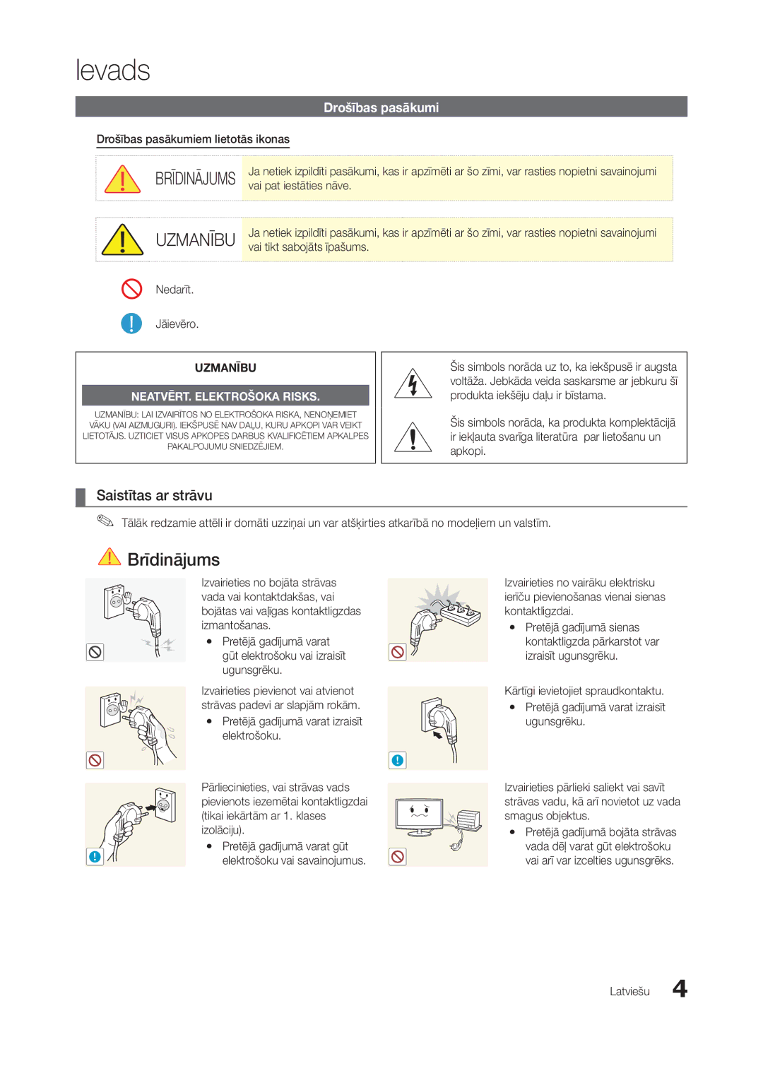 Samsung LT22A550EW/EN, LT24A350EW/EN, LT23A350EW/EN, LT22A350EW/EN manual Brīdinājums, Saistītas ar strāvu, Drošības pasākumi 