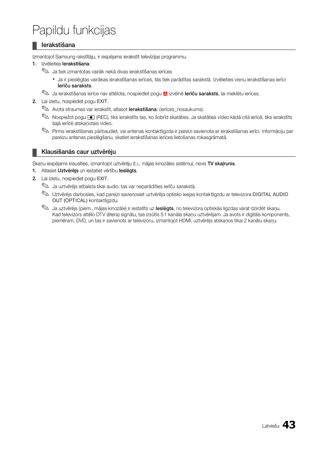 Samsung LT23A350EW/EN, LT24A350EW/EN, LT22A350EW/EN, LT23A550EW/EN, LT22A550EW/EN Ierakstīšana, Klausīšanās caur uztvērēju 