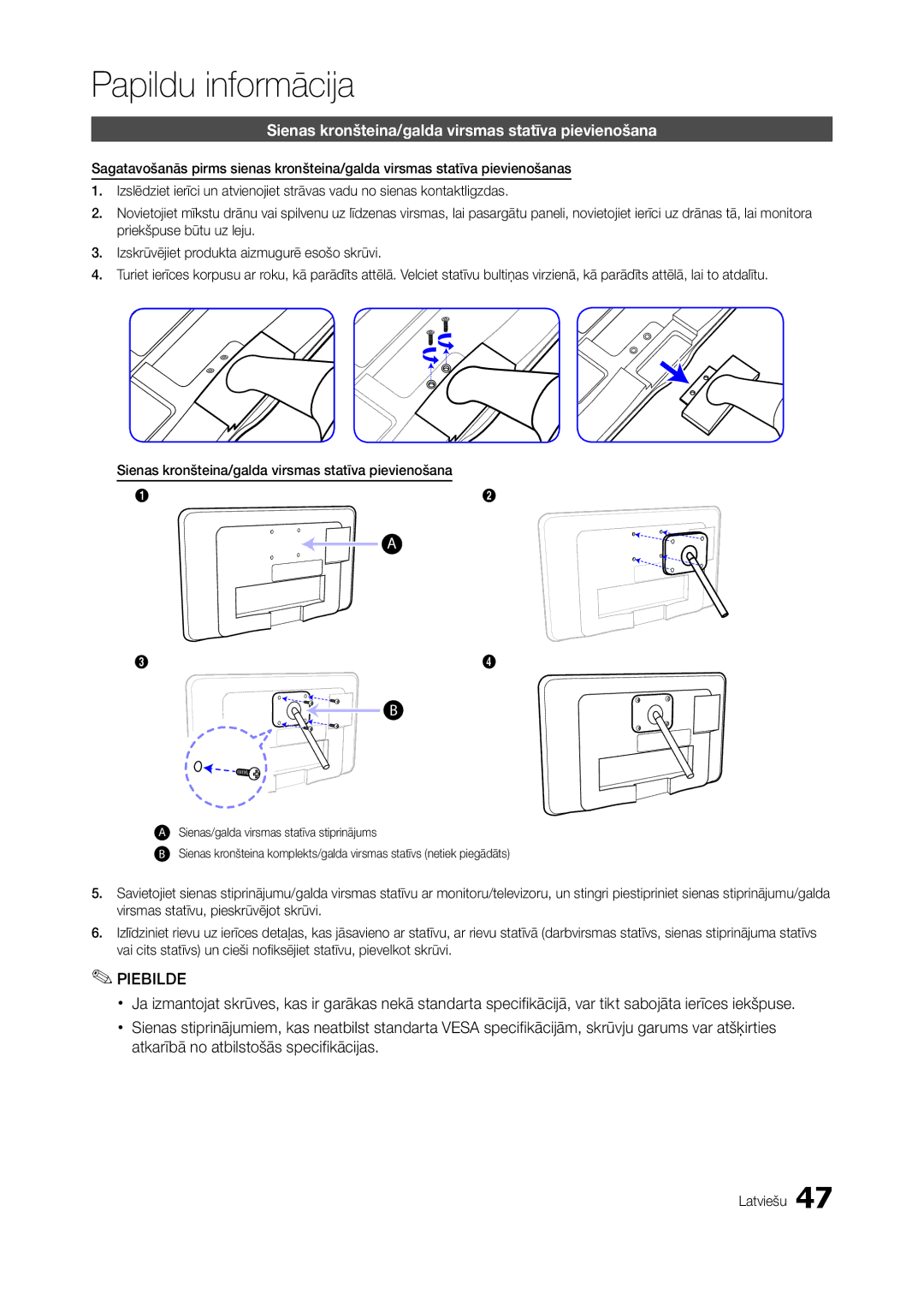 Samsung LT24A550EW/EN, LT24A350EW/EN, LT23A350EW/EN manual Sienas kronšteina/galda virsmas statīva pievienošana, Piebilde 