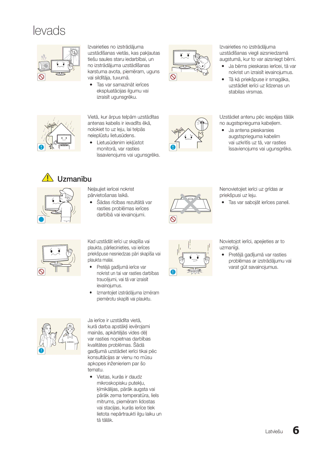 Samsung LT24A350EW/EN manual Lietusūdenim iekļūstot, Ja ierīce ir uzstādīta vietā, Kurā darba apstākļi ievērojami, Tematu 