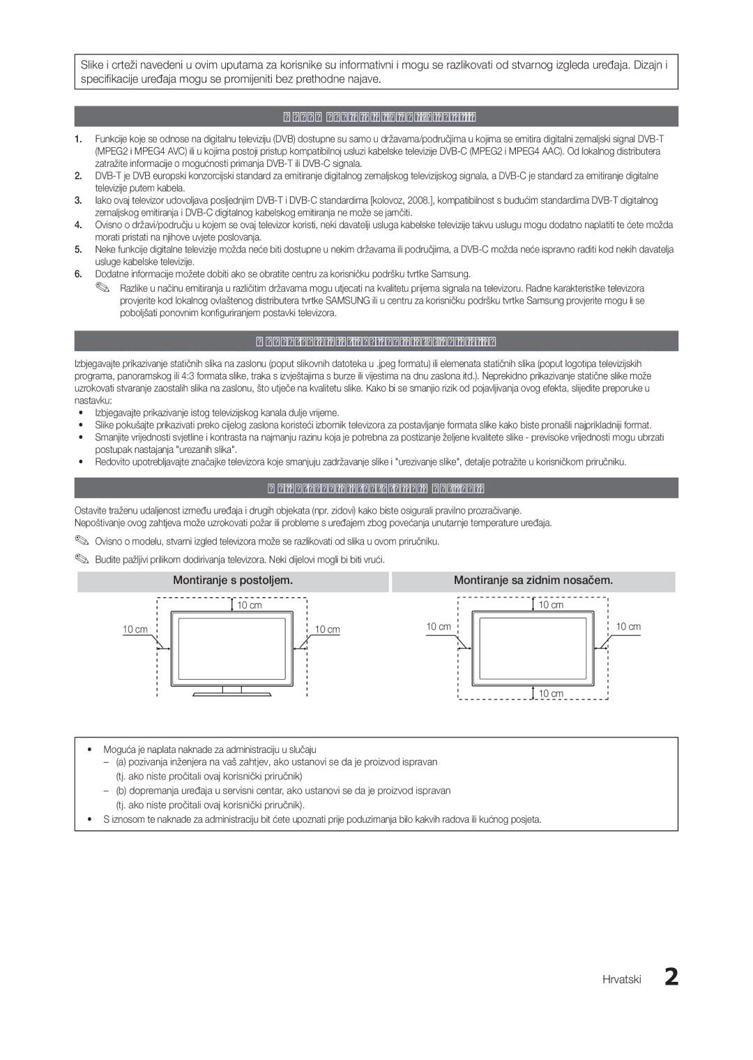 Samsung LT22A350EW/EN Osiguravanje prostora za montiranje, Montiranje s postoljem, Montiranje sa zidnim nosačem, Hrvatski 
